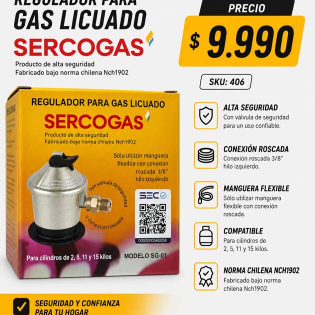 Regulador gas sercogas  licuado 11/15 kg